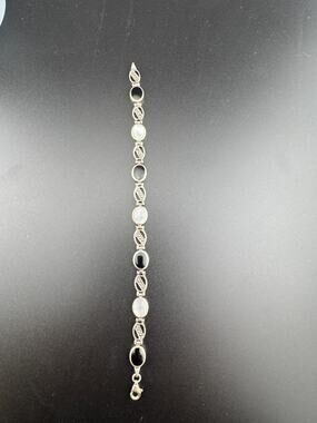 Vintage Sterling Silver Onyx Marcasite Mother Pearl Bracelet